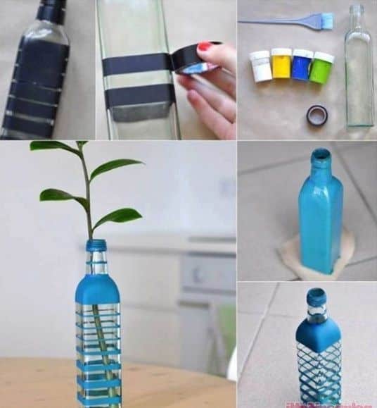 decorar botellas de vidrio con cinta adhesiva