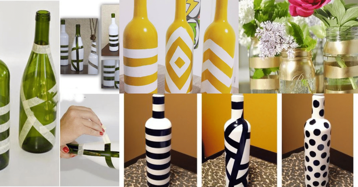 decorar botellas de vidrio con cinta adhesiva