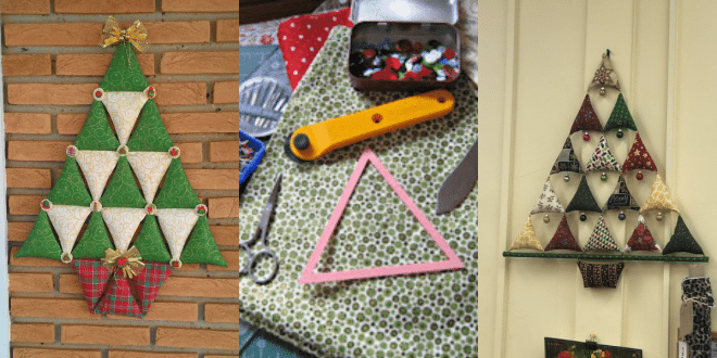 arbol de navidad de pared hecho con triangulos de tela