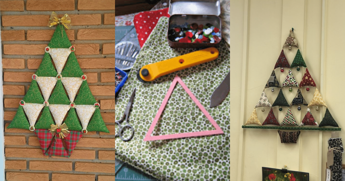 arbol de navidad de pared hecho con triangulos de tela