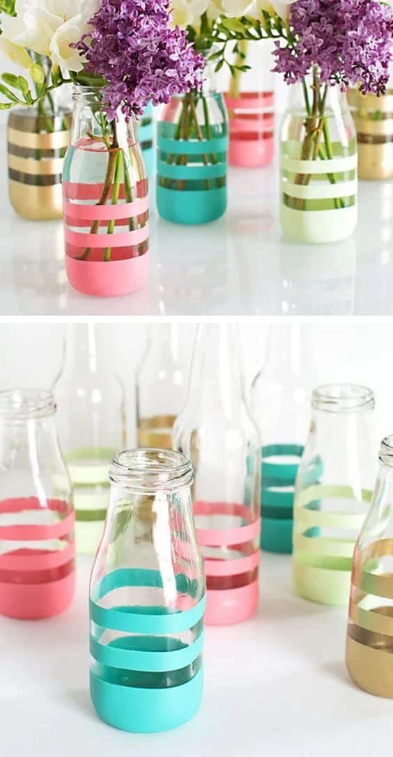 pintar botellas de vidrio con cinta adhesiva 7
