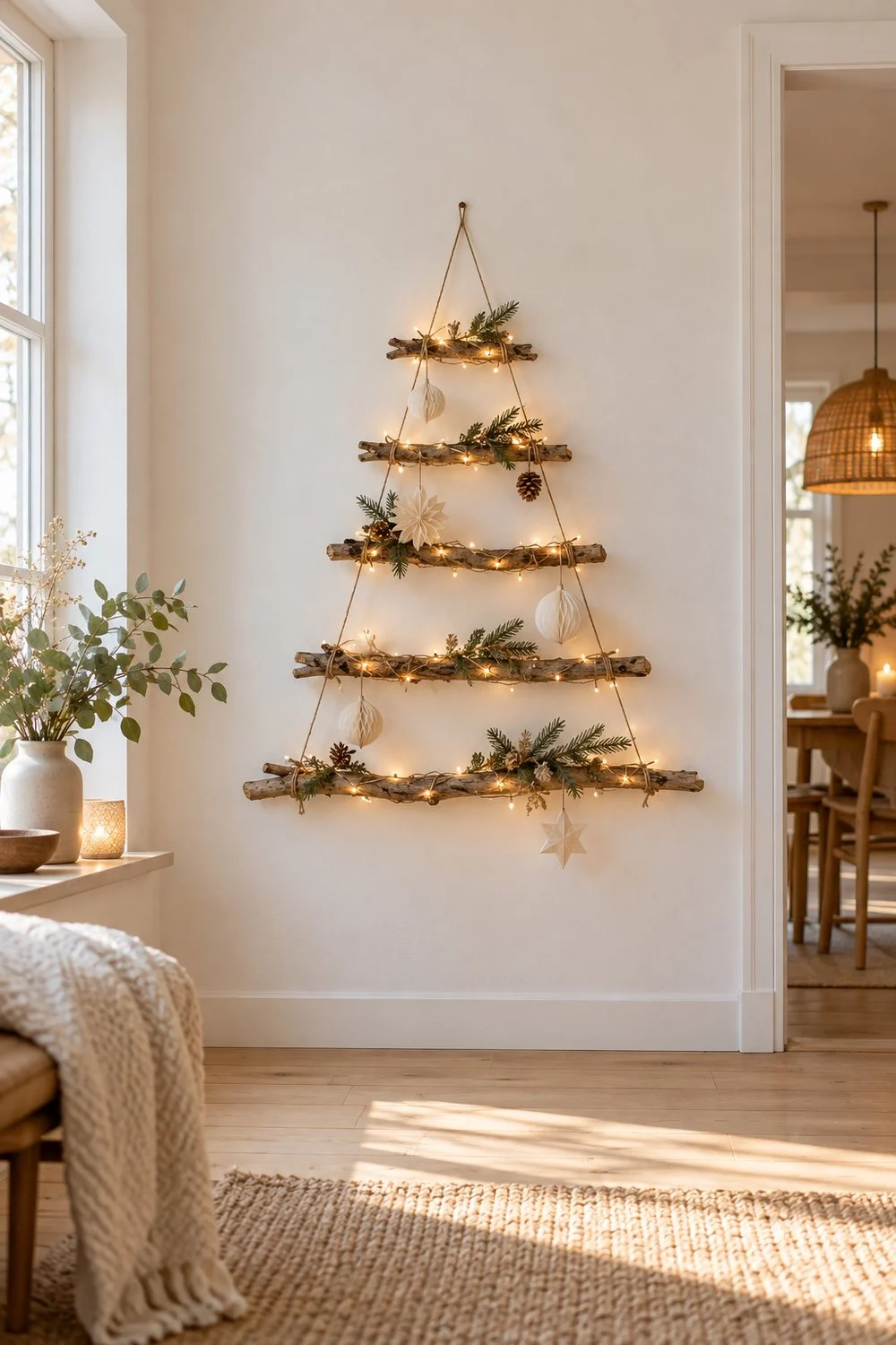 Árbol de ramas secas en la pared con adornos blancos