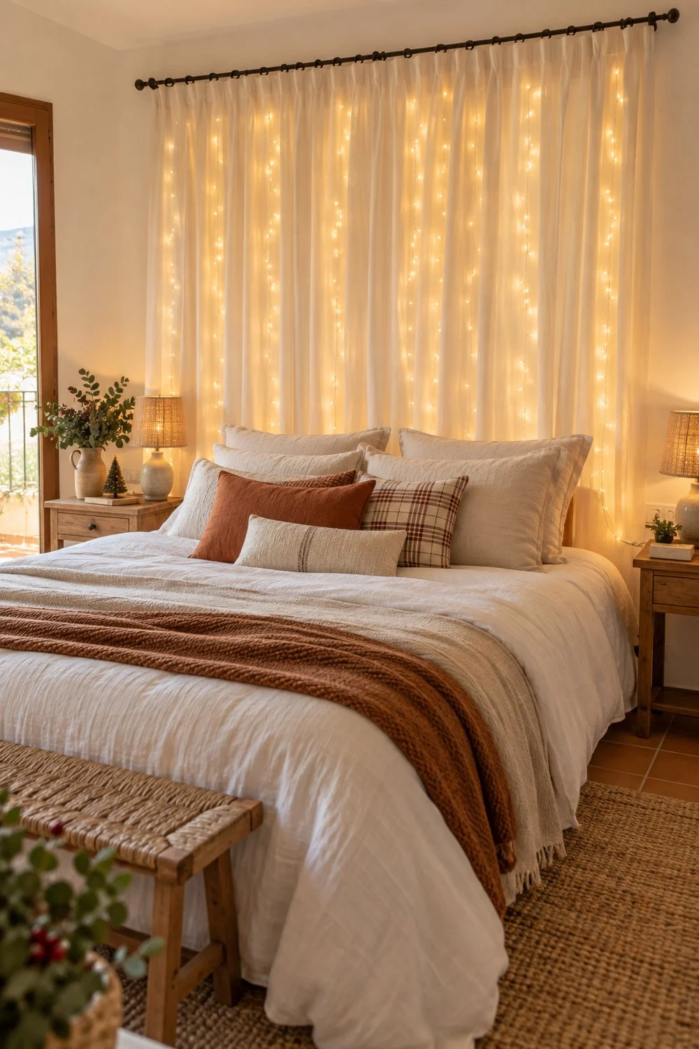 Ideas creativas para decorar la casa en Navidad Paneles de cortina iluminados con luces LED detrás de una cama