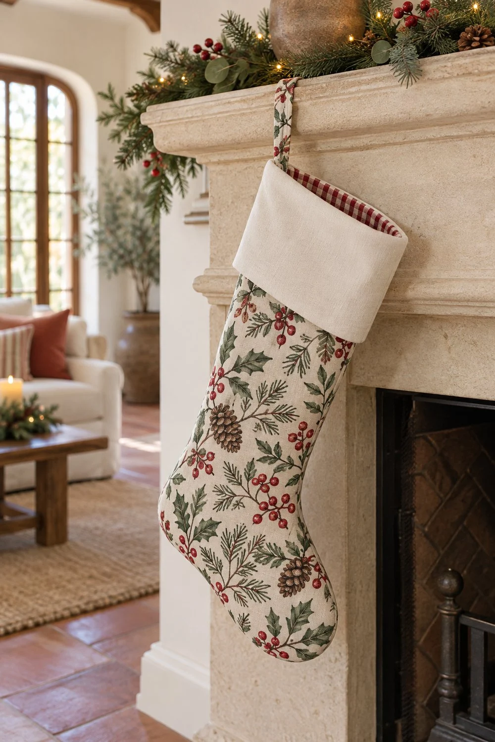 Ideas creativas para decorar la casa en Navidad Calcetín navideño de tela con puño claro junto a la chimenea