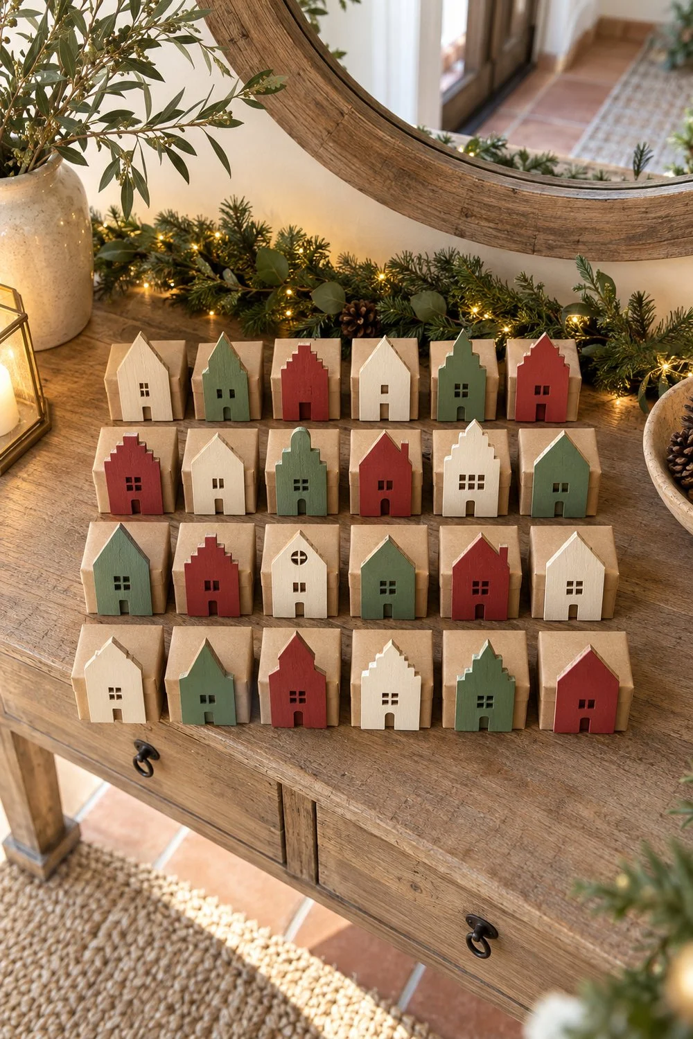 Ideas creativas para decorar la casa en Navidad Calendario de casitas de madera pintadas sobre cajas en una consola