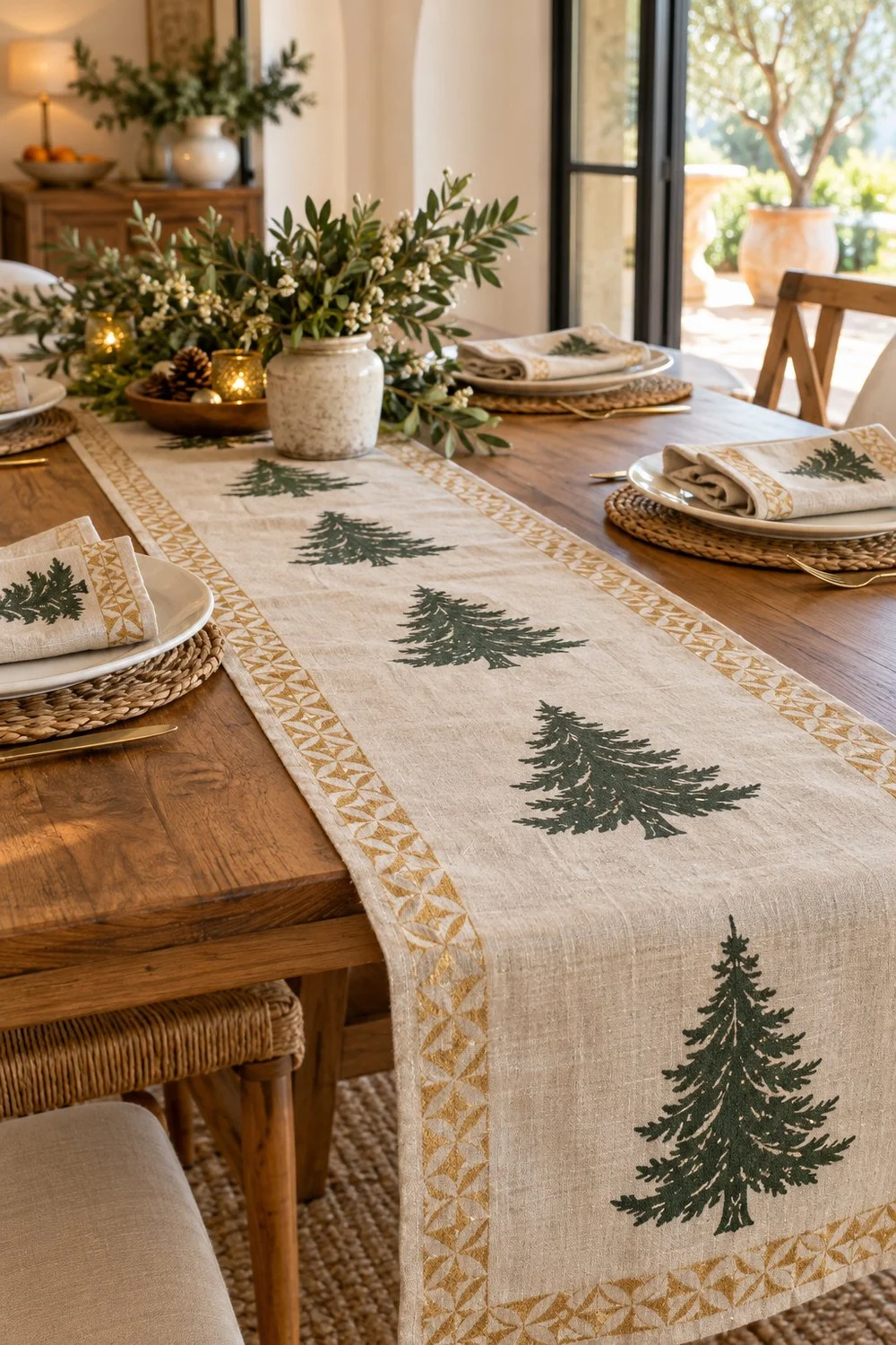 Ideas creativas para decorar la casa en Navidad Camino de mesa con árboles verdes estampados y detalles dorados navideños