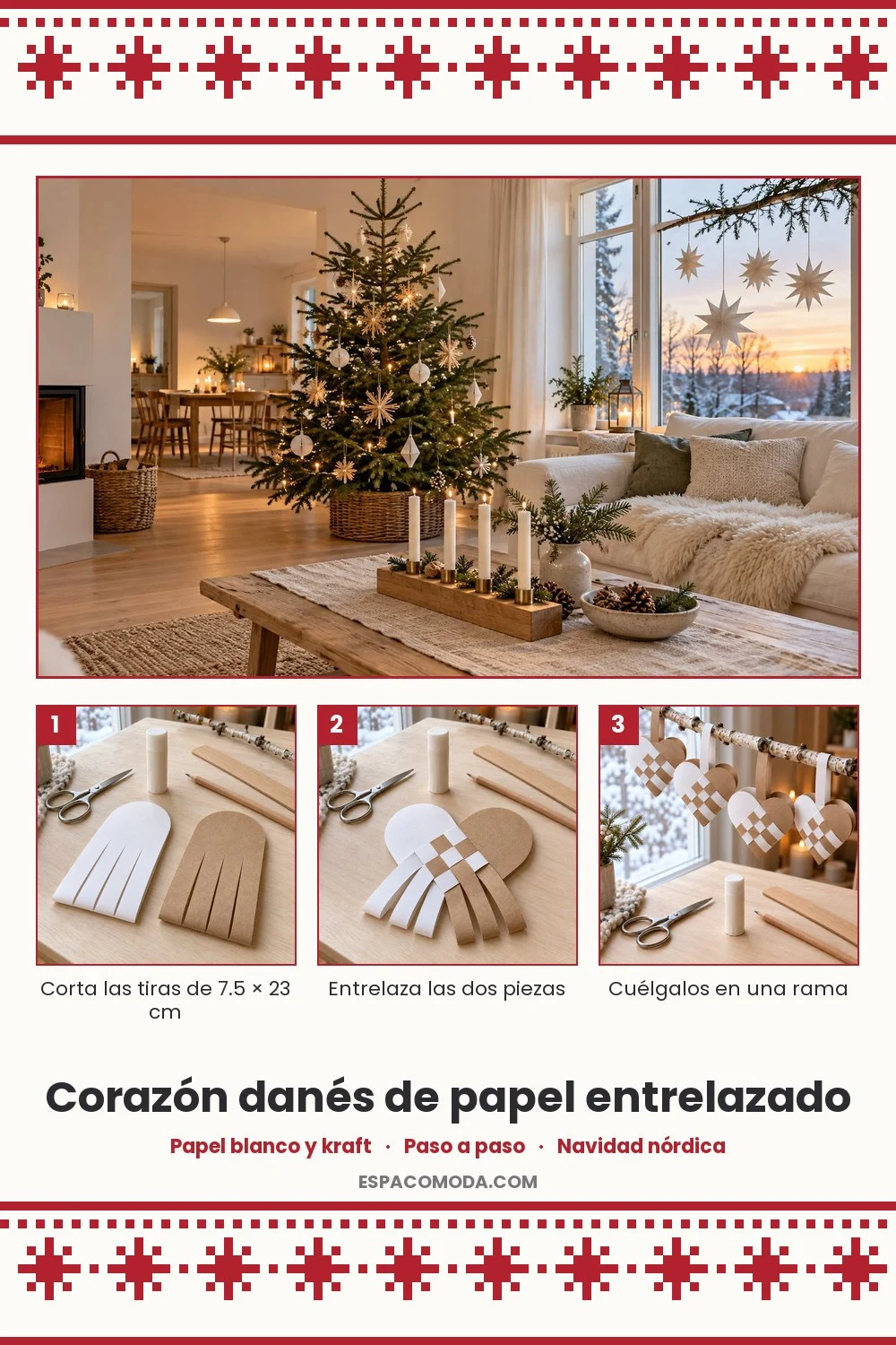 Corazón danés de papel entrelazado paso a paso: cortar las tiras, entrelazar las piezas y colgarlos en una rama