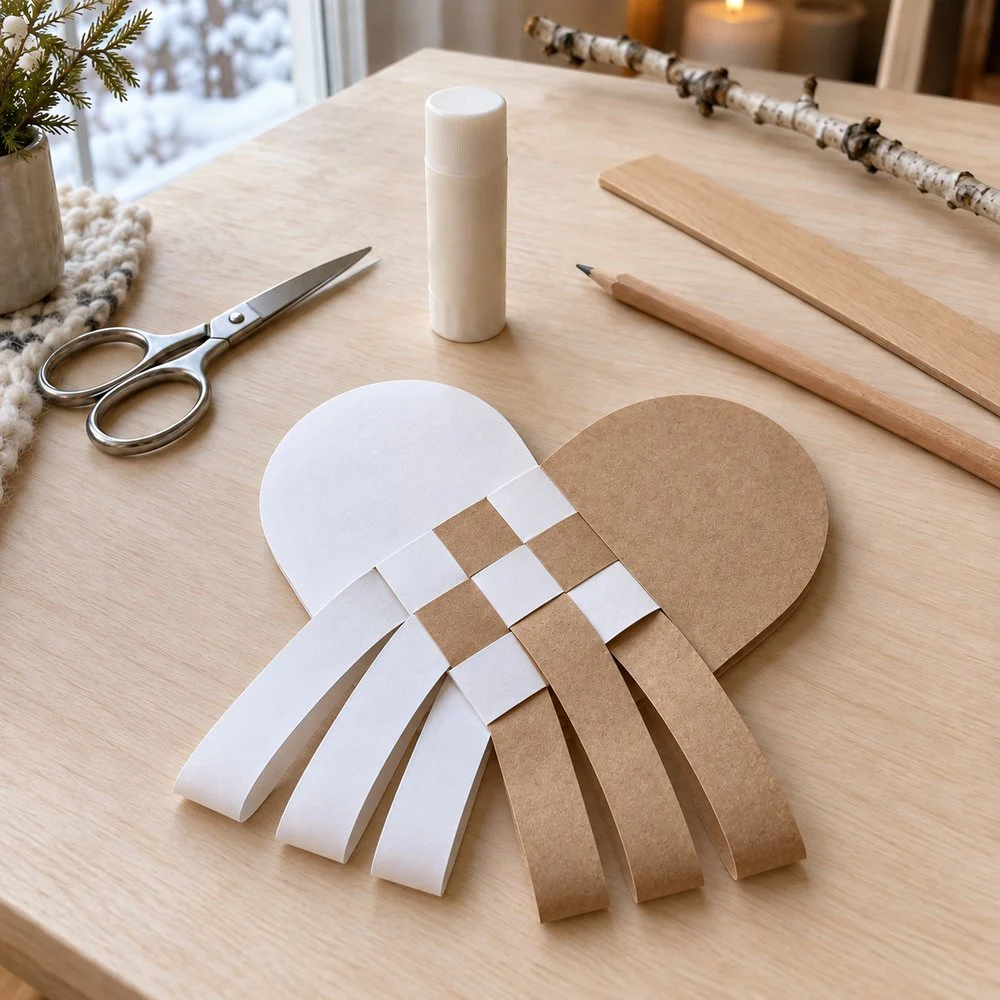 Corazón danés de papel blanco y kraft con el entrelazado a medias