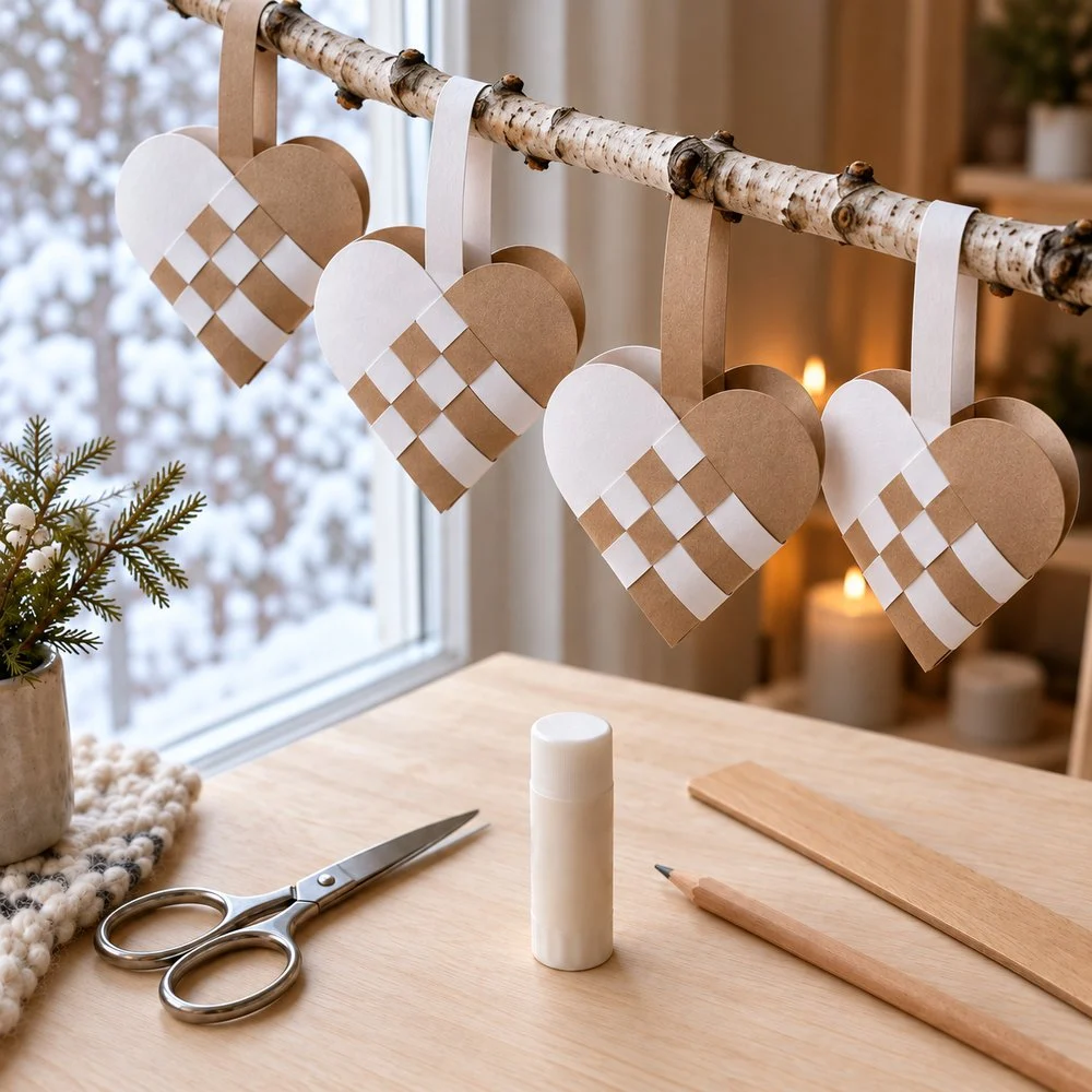 Corazones daneses de papel blanco y kraft terminados colgados de una rama