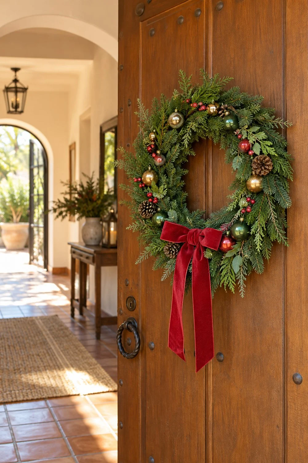 Ideas creativas para decorar la casa en Navidad Corona verde con bolas y lazo colgada en una puerta de madera