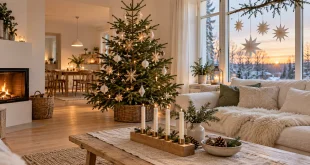 Sala escandinava navideña con abeto natural estrellas de papel y sofá blanco