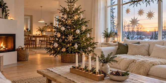 Sala escandinava navideña con abeto natural estrellas de papel y sofá blanco