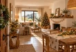 Salón comedor navideño con camino estampado, guirnalda y corona en la puerta