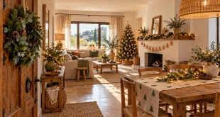 Salón comedor navideño con camino estampado, guirnalda y corona en la puerta