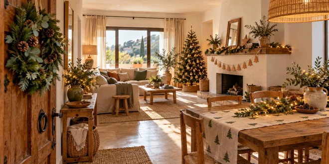 Salón comedor navideño con camino estampado, guirnalda y corona en la puerta