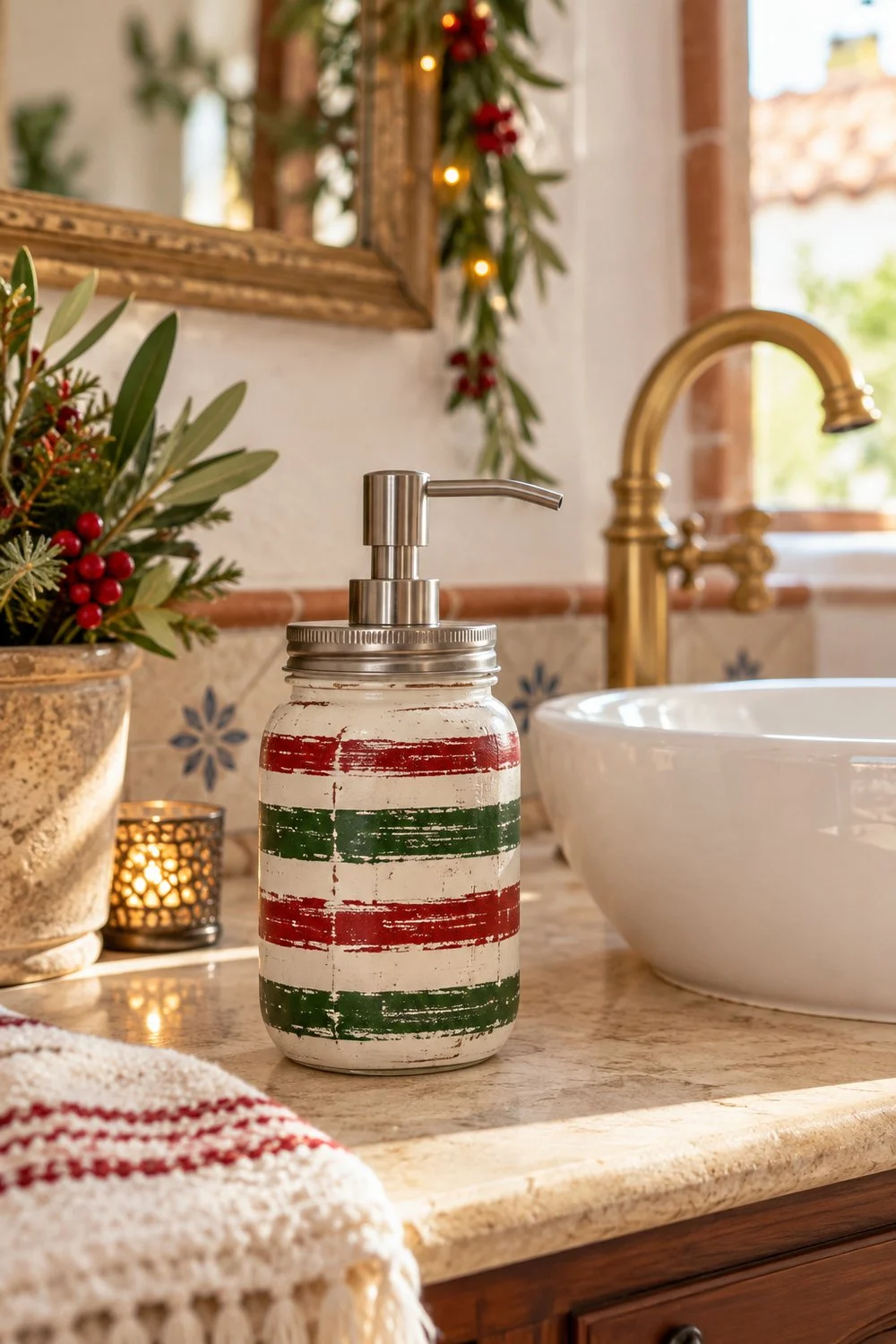 Ideas creativas para decorar la casa en Navidad Dispensador de jabón con rayas rojas y verdes junto al lavabo