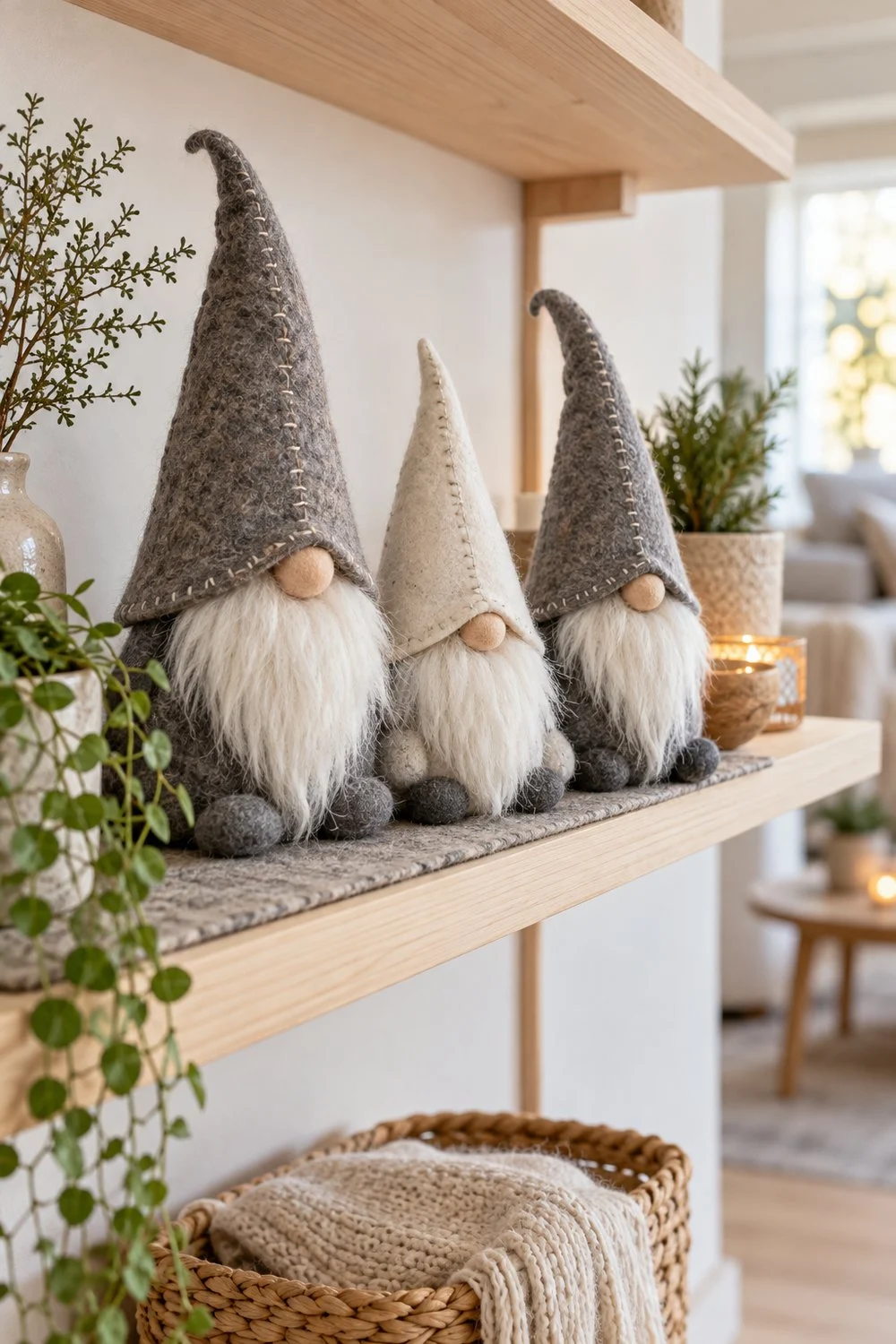Duendes tomte de fieltro gris y crema sobre una repisa protegida