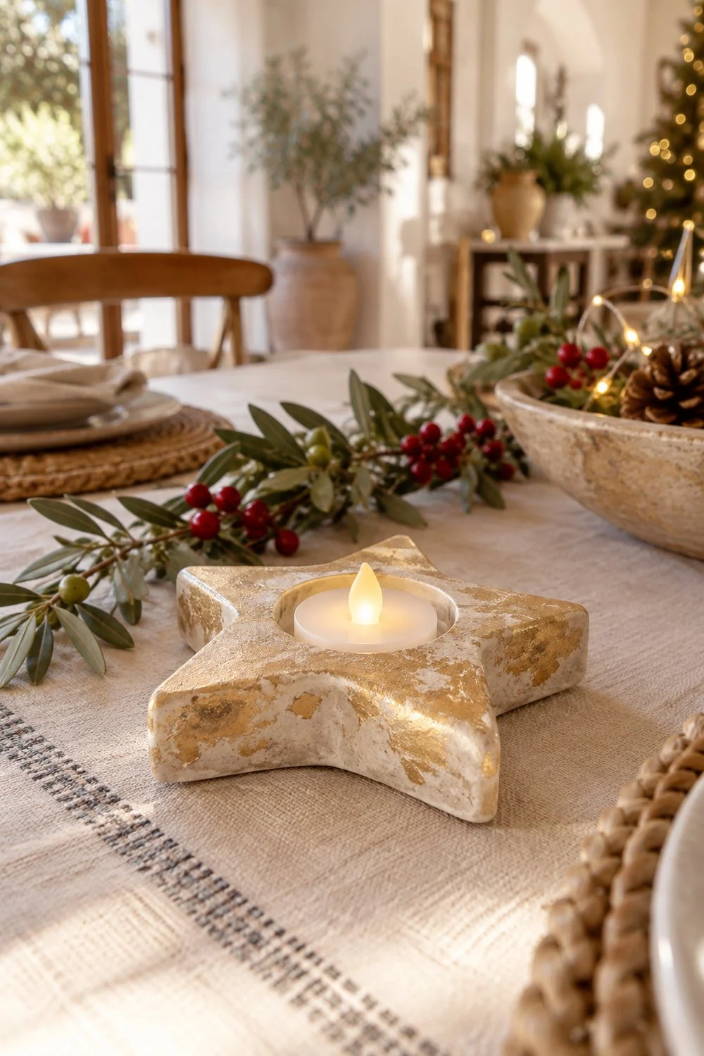 Ideas creativas para decorar la casa en Navidad Portavelas dorado de alabastro con forma de estrella sobre la mesa