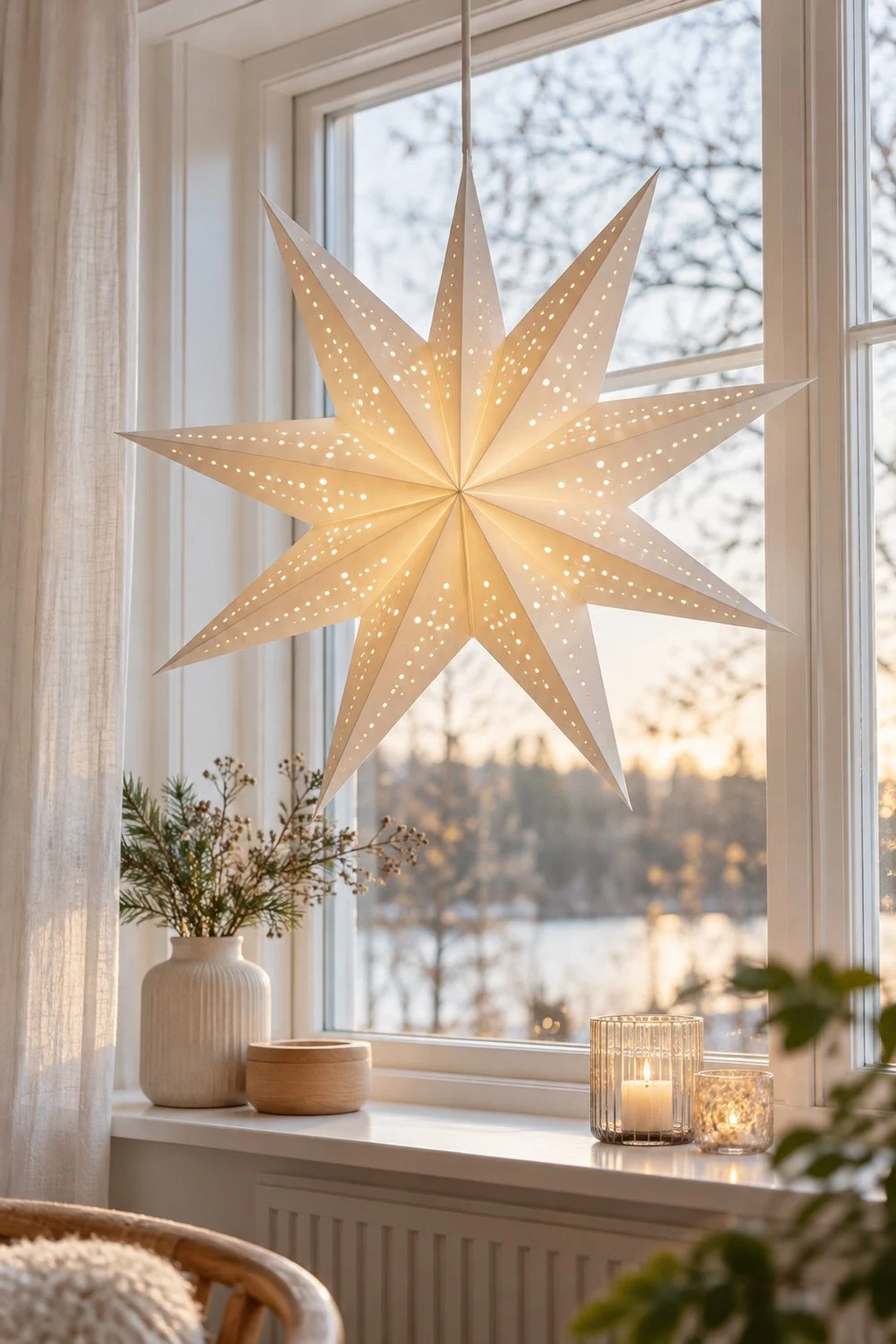 Estrella de papel blanco iluminada frente a una ventana amplia