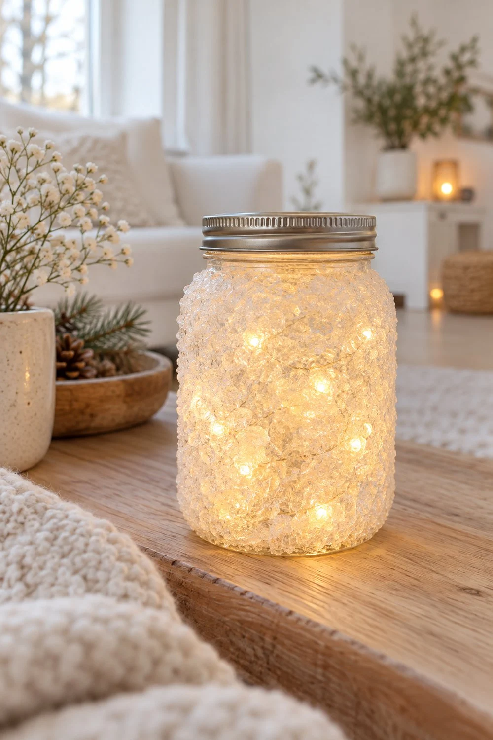 Frasco escarchado con luces LED cálidas sobre una mesa clara