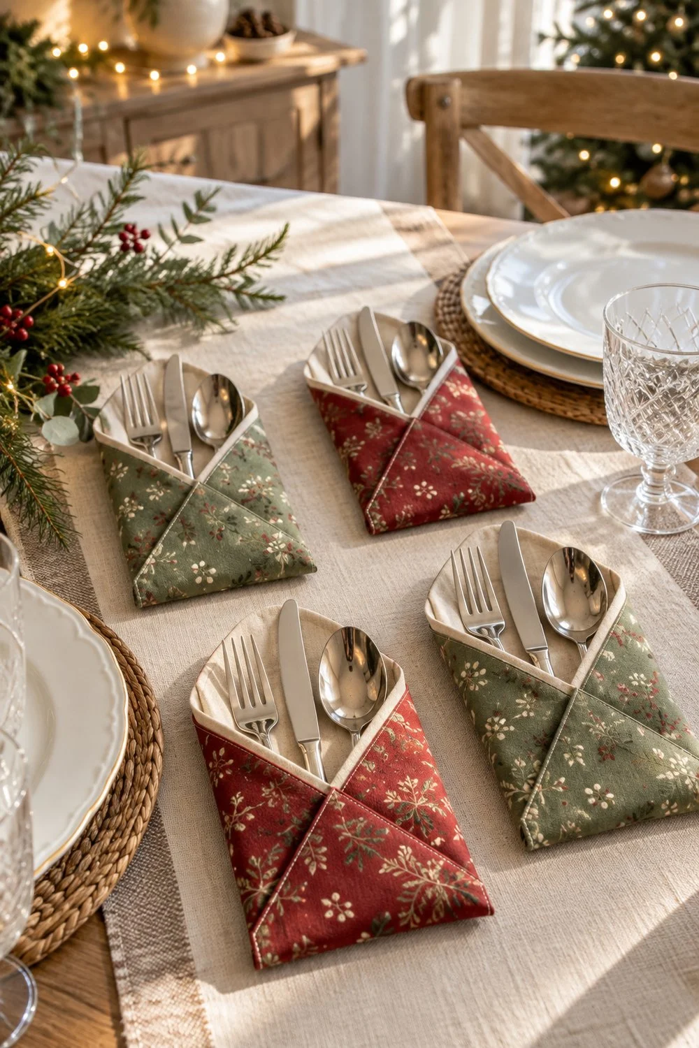 Ideas creativas para decorar la casa en Navidad Fundas de tela navideña con forro doblado junto a platos blancos