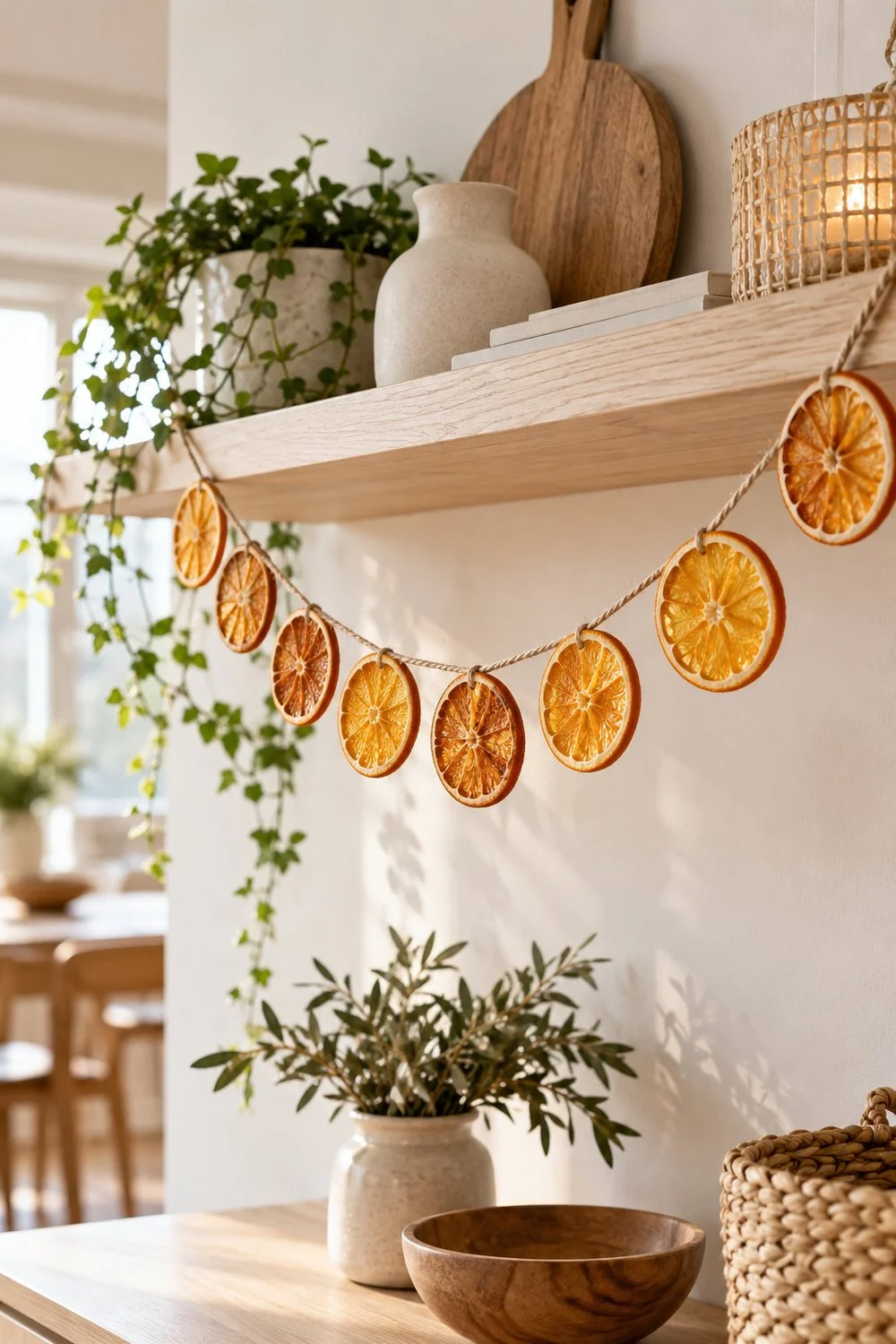 Guirnalda de rodajas de naranja seca sobre una repisa de madera