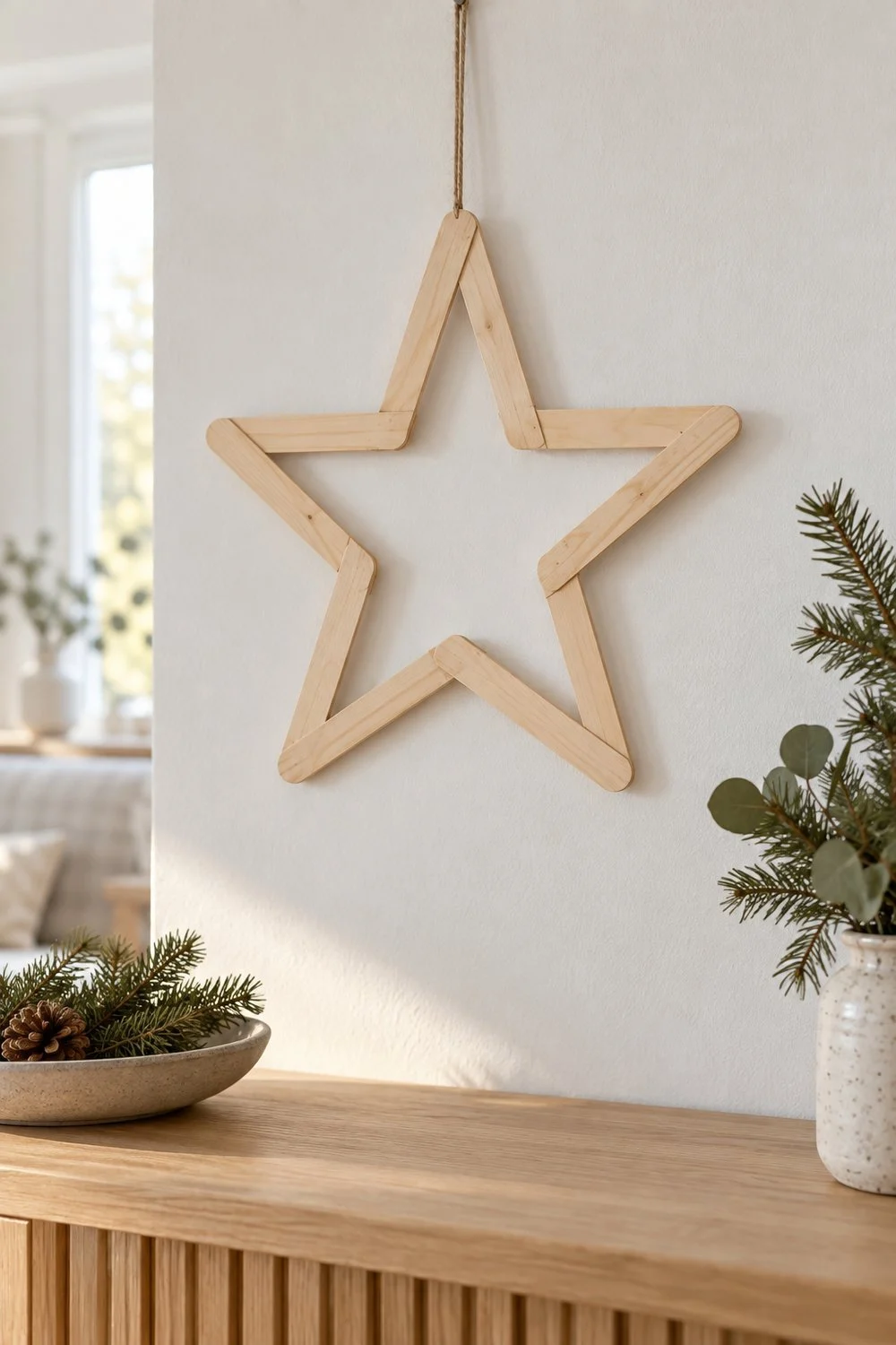 Julstjärna de madera clara hecha con palitos sobre una pared blanca