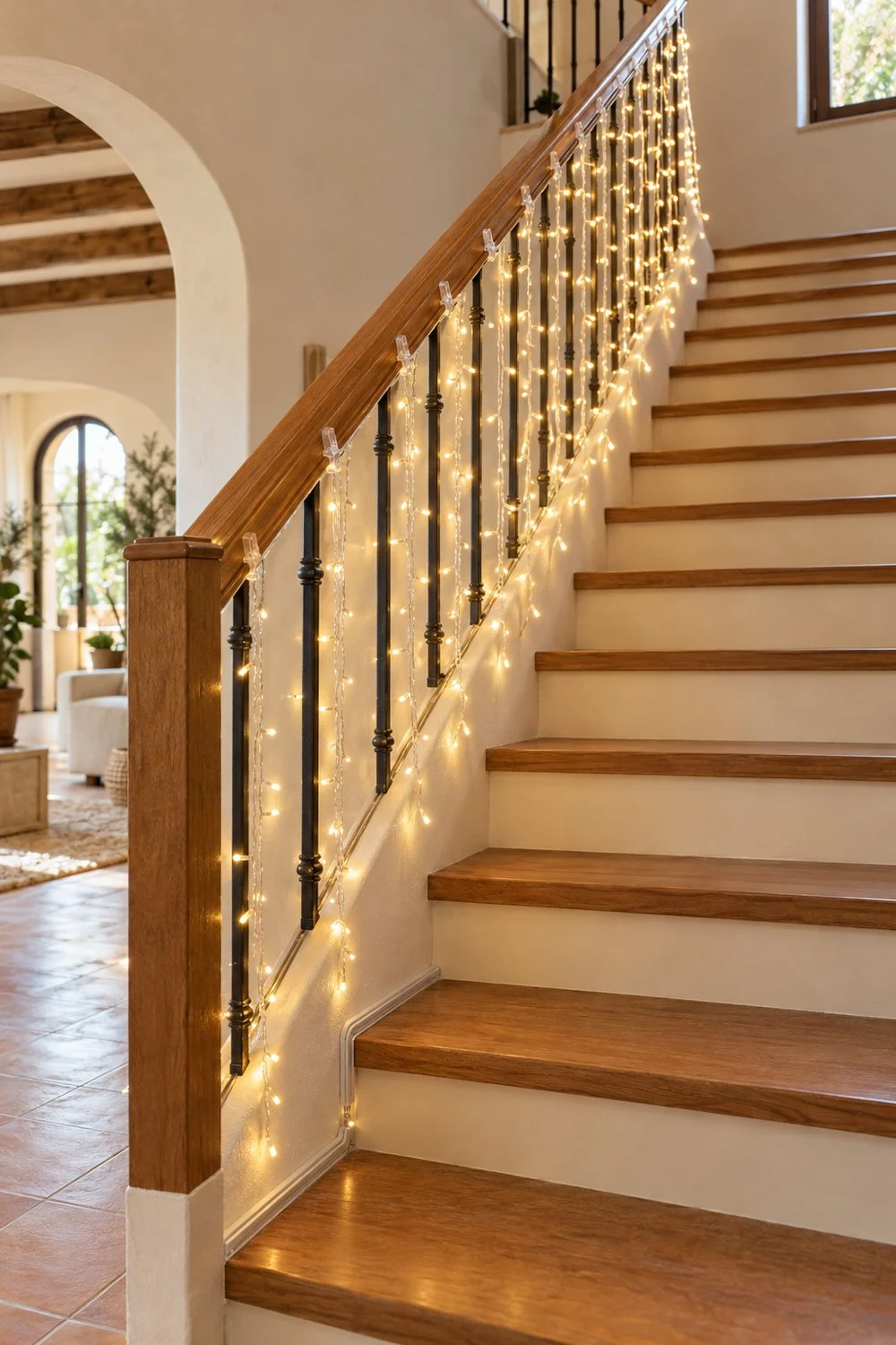 Ideas creativas para decorar la casa en Navidad Cascada de luces LED cálidas fijada junto a una escalera despejada