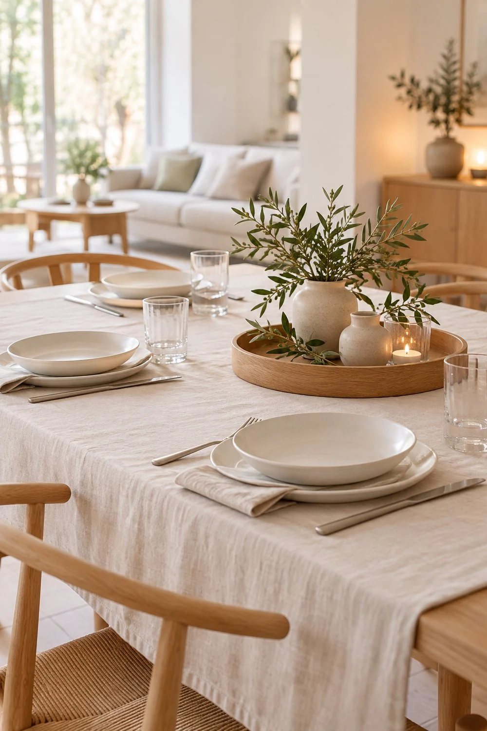 Mesa con vajilla blanca lino claro y bandeja de madera natural