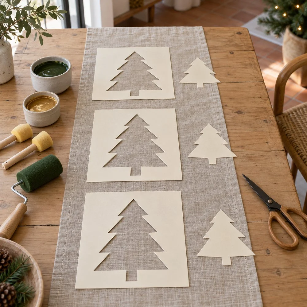 Ideas creativas para decorar la casa en Navidad Plantillas de árboles preparadas sobre el camino de mesa de lino