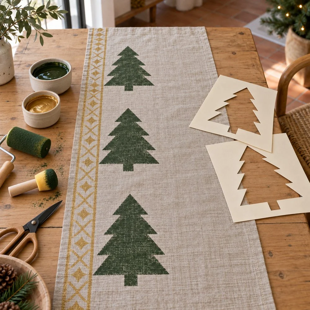 Ideas creativas para decorar la casa en Navidad Árboles verdes estampados con esponja junto a un borde dorado