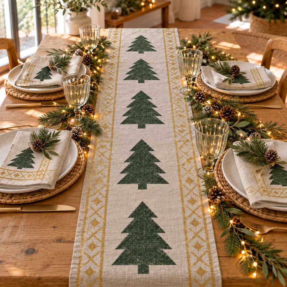 Ideas creativas para decorar la casa en Navidad Camino de mesa terminado con servilletas estampadas y platos blancos