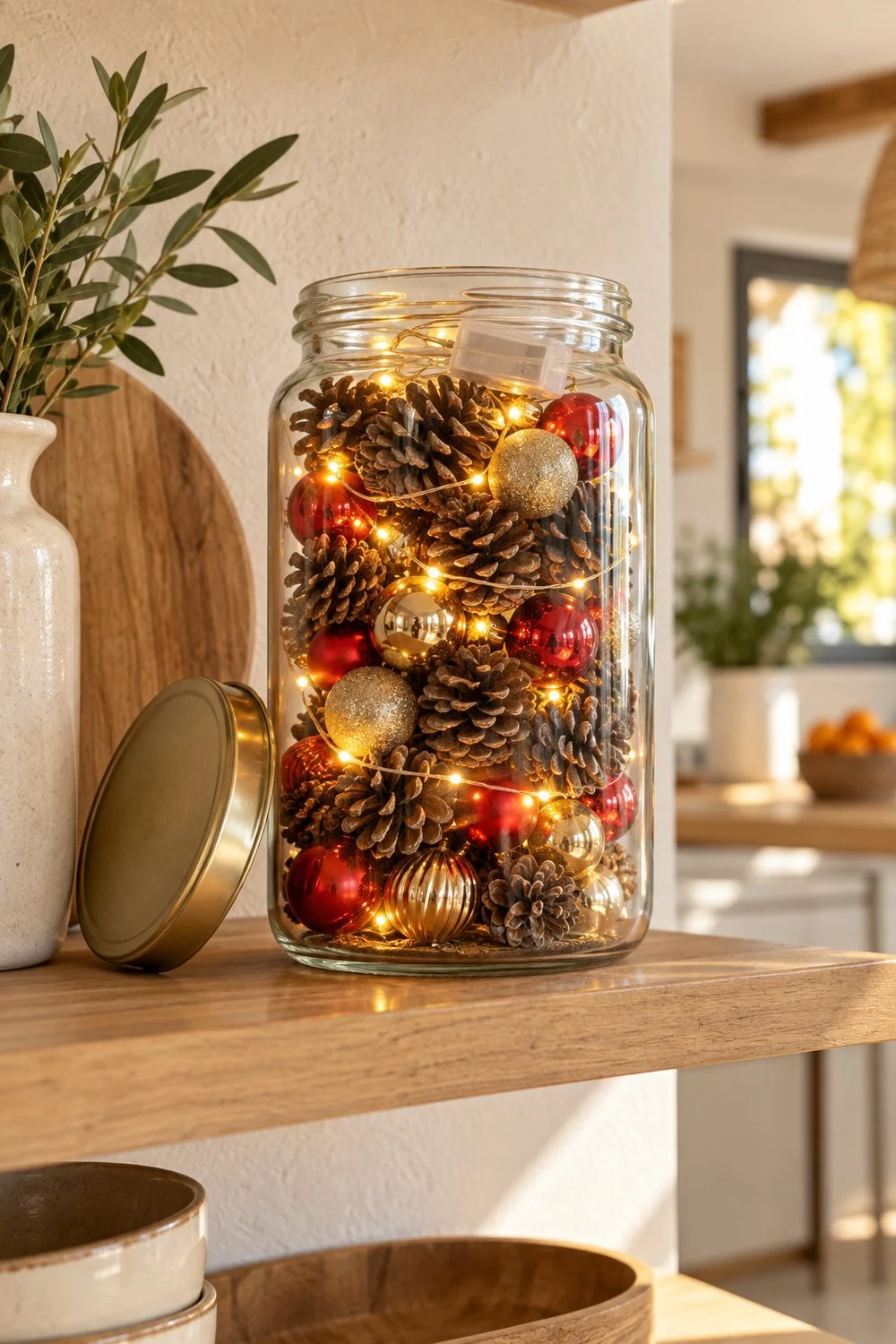 Ideas creativas para decorar la casa en Navidad Tarro de cristal con piñas, bolas y luces sobre una repisa
