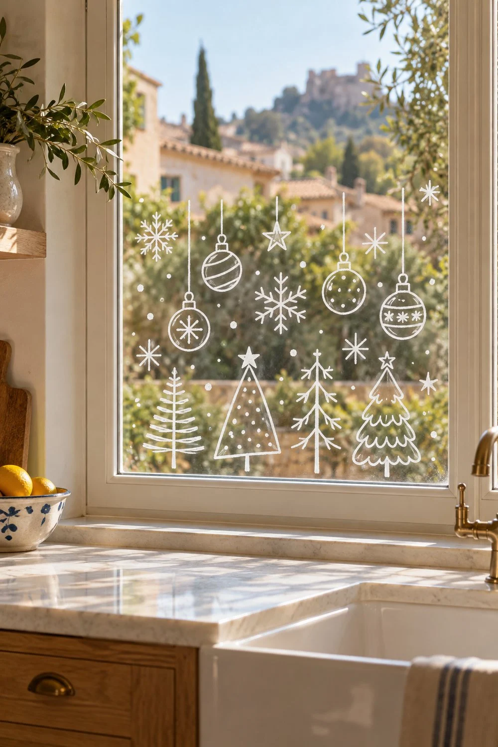 Ideas creativas para decorar la casa en Navidad Motivos navideños dibujados con rotulador de tiza blanca sobre una ventana